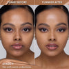 Vorher-Nachher-Bild einer Frau mit mittel-dunklem Hautton nach Anwendung des Yummy Skin Lift & Flex Concealers 11 – sichtbar ebenmäßiger Teint.