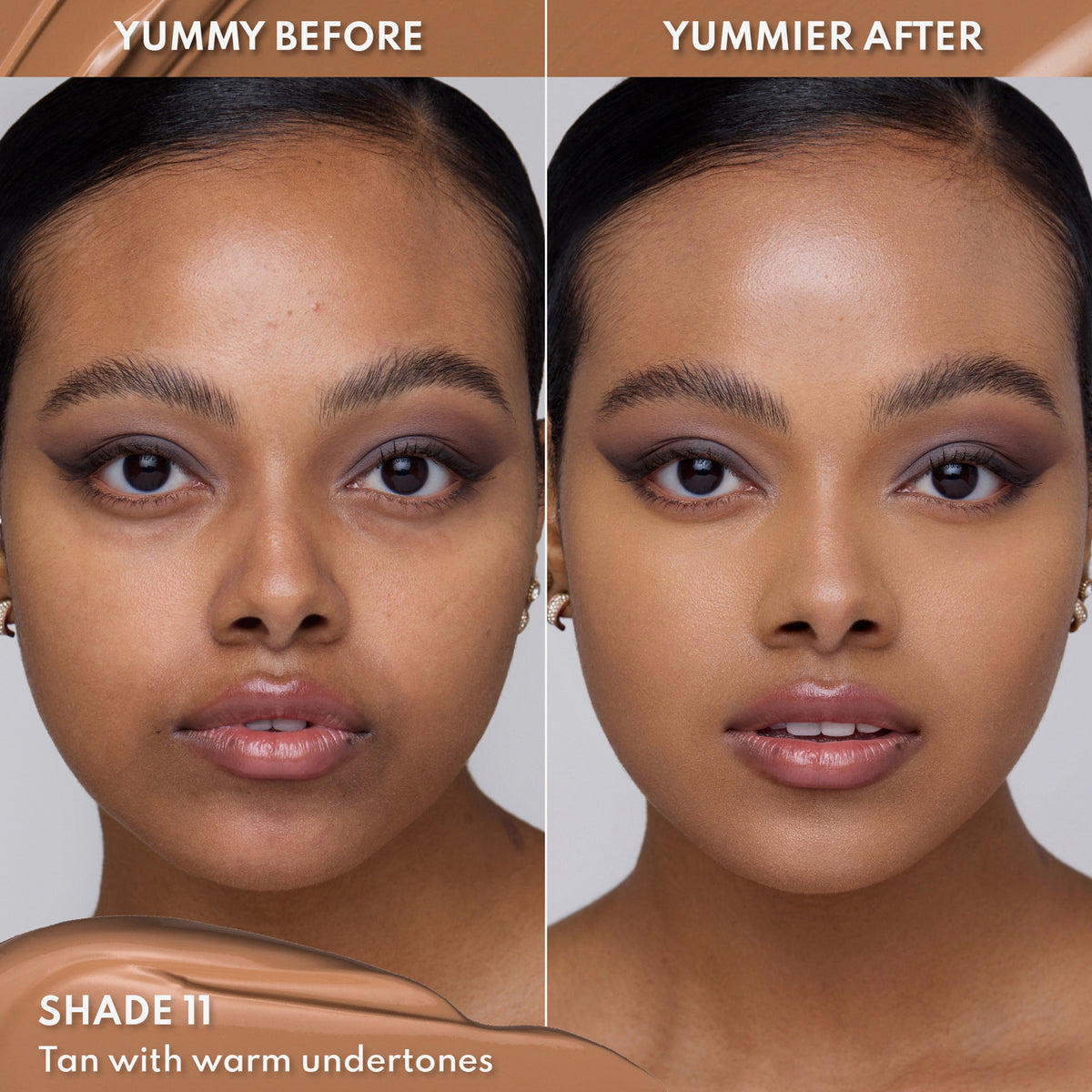 Vorher-Nachher-Bild einer Frau mit mittel-dunklem Hautton nach Anwendung des Yummy Skin Lift & Flex Concealers 11 – sichtbar ebenmäßiger Teint.