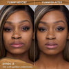 Vorher-Nachher-Bild einer Frau mit mittel-dunklem Hautton nach Anwendung des Yummy Skin Lift & Flex Concealers 12 – sichtbar ebenmäßiger Teint.