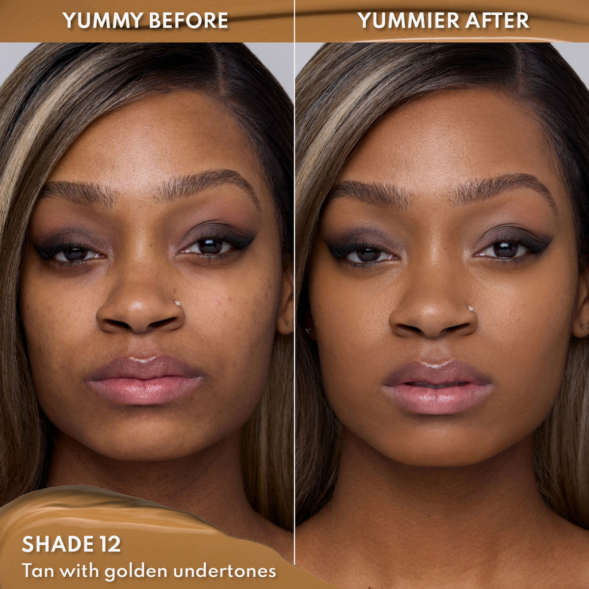 Vorher-Nachher-Bild einer Frau mit mittel-dunklem Hautton nach Anwendung des Yummy Skin Lift & Flex Concealers 12 – sichtbar ebenmäßiger Teint.