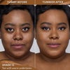 Vorher-Nachher-Bild einer Frau mit mittel-dunklem Hautton nach Anwendung des Yummy Skin Lift & Flex Concealers 13 – sichtbar ebenmäßiger Teint.