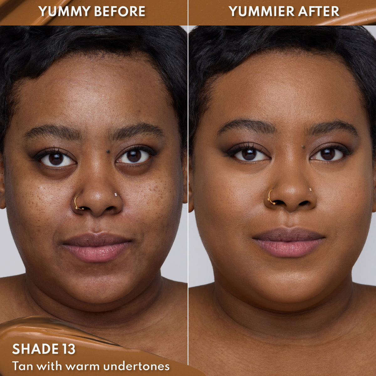 Vorher-Nachher-Bild einer Frau mit mittel-dunklem Hautton nach Anwendung des Yummy Skin Lift & Flex Concealers 13 – sichtbar ebenmäßiger Teint.