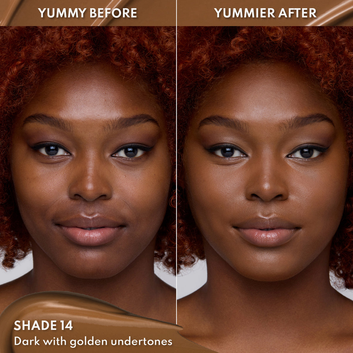 Vorher-Nachher-Bild einer Frau mit dunklem Hautton nach Anwendung des Yummy Skin Lift & Flex Concealers 14 – sichtbar ebenmäßiger Teint.