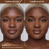 Vorher-Nachher-Bild einer Frau mit dunklem Hautton nach Anwendung des Yummy Skin Lift & Flex Concealers 15 – sichtbar ebenmäßiger Teint.