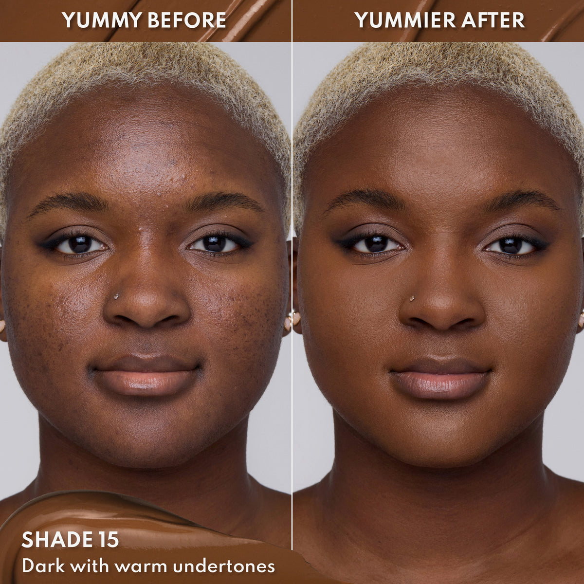 Vorher-Nachher-Bild einer Frau mit dunklem Hautton nach Anwendung des Yummy Skin Lift & Flex Concealers 15 – sichtbar ebenmäßiger Teint.