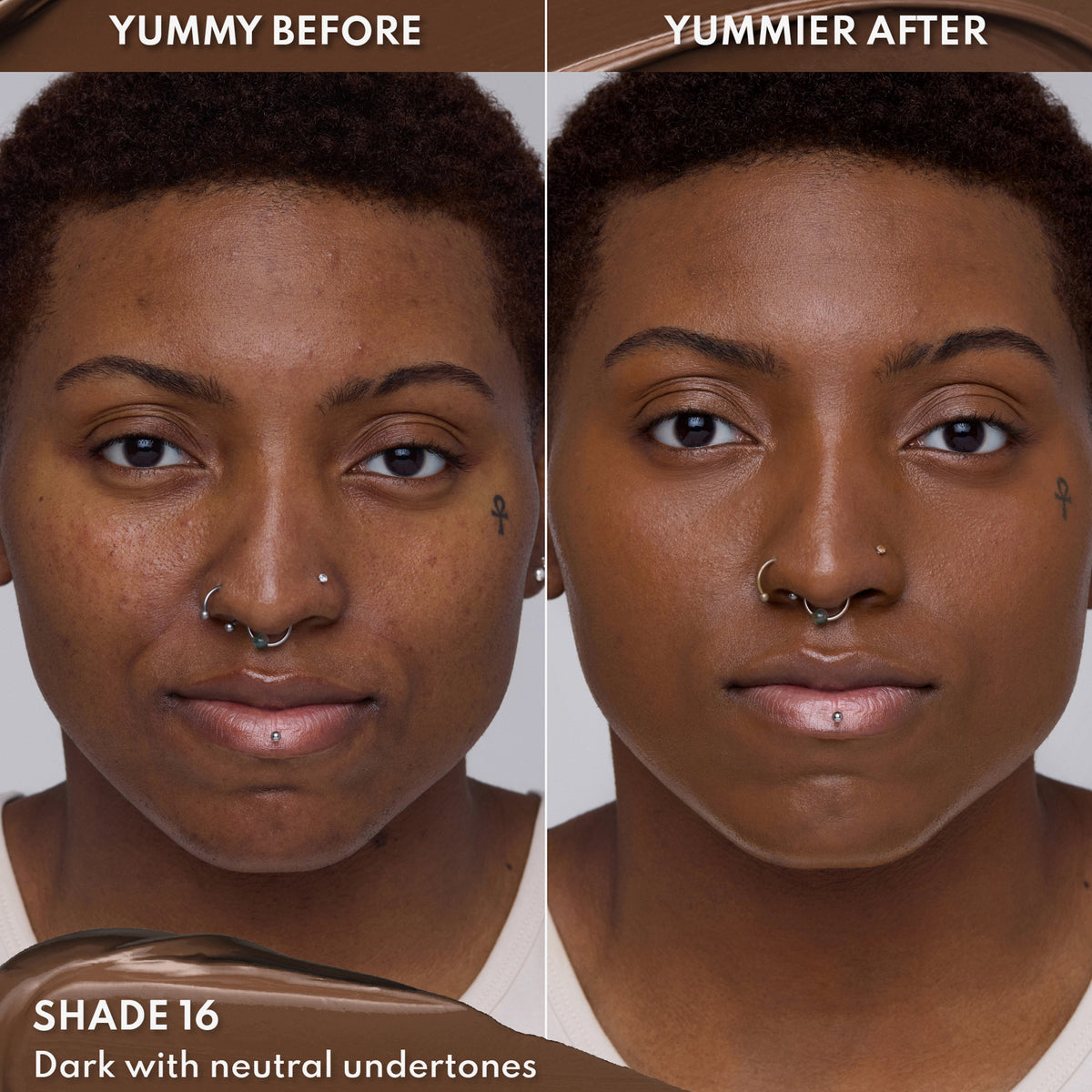 Vorher-Nachher-Bild einer Person mit dunklem Hautton nach Anwendung des Yummy Skin Lift & Flex Concealers 16 – sichtbar ebenmäßiger Teint.