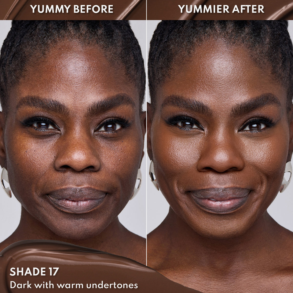 Vorher-Nachher-Bild einer Frau mit dunklem Hautton nach Anwendung des Yummy Skin Lift & Flex Concealers 17 – sichtbar ebenmäßiger Teint.
