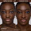 Vorher-Nachher-Bild einer Frau mit dunklem Hautton nach Anwendung des Yummy Skin Lift & Flex Concealers 18– sichtbar ebenmäßiger Teint.