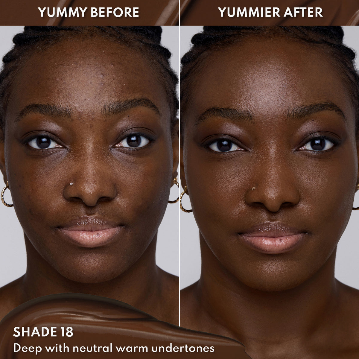 Vorher-Nachher-Bild einer Frau mit dunklem Hautton nach Anwendung des Yummy Skin Lift & Flex Concealers 18– sichtbar ebenmäßiger Teint.