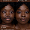 Vorher-Nachher-Bild einer Frau mit dunklem Hautton nach Anwendung des Yummy Skin Lift & Flex Concealers 19 – sichtbar ebenmäßiger Teint.