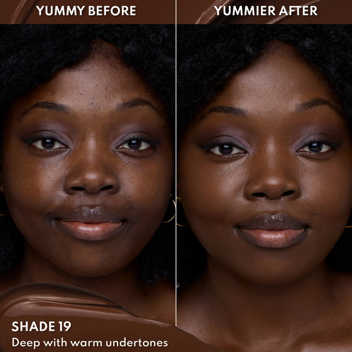 Vorher-Nachher-Bild einer Frau mit dunklem Hautton nach Anwendung des Yummy Skin Lift & Flex Concealers 19 – sichtbar ebenmäßiger Teint.