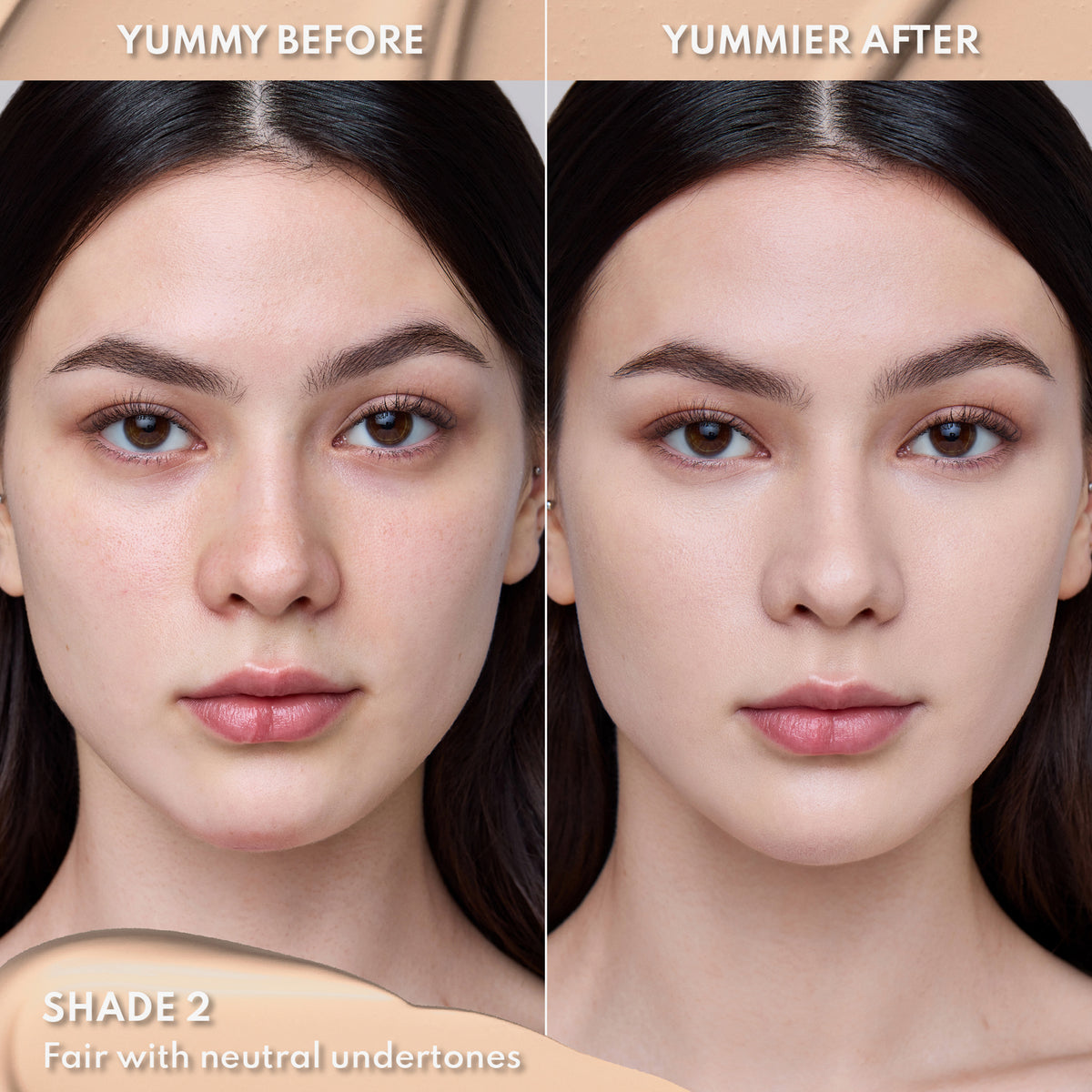 Vorher-Nachher-Bild einer Frau mit heller Haut nach Anwendung des Yummy Skin Lift & Flex Concealers 2 – sichtbar ebenmäßiger Teint.