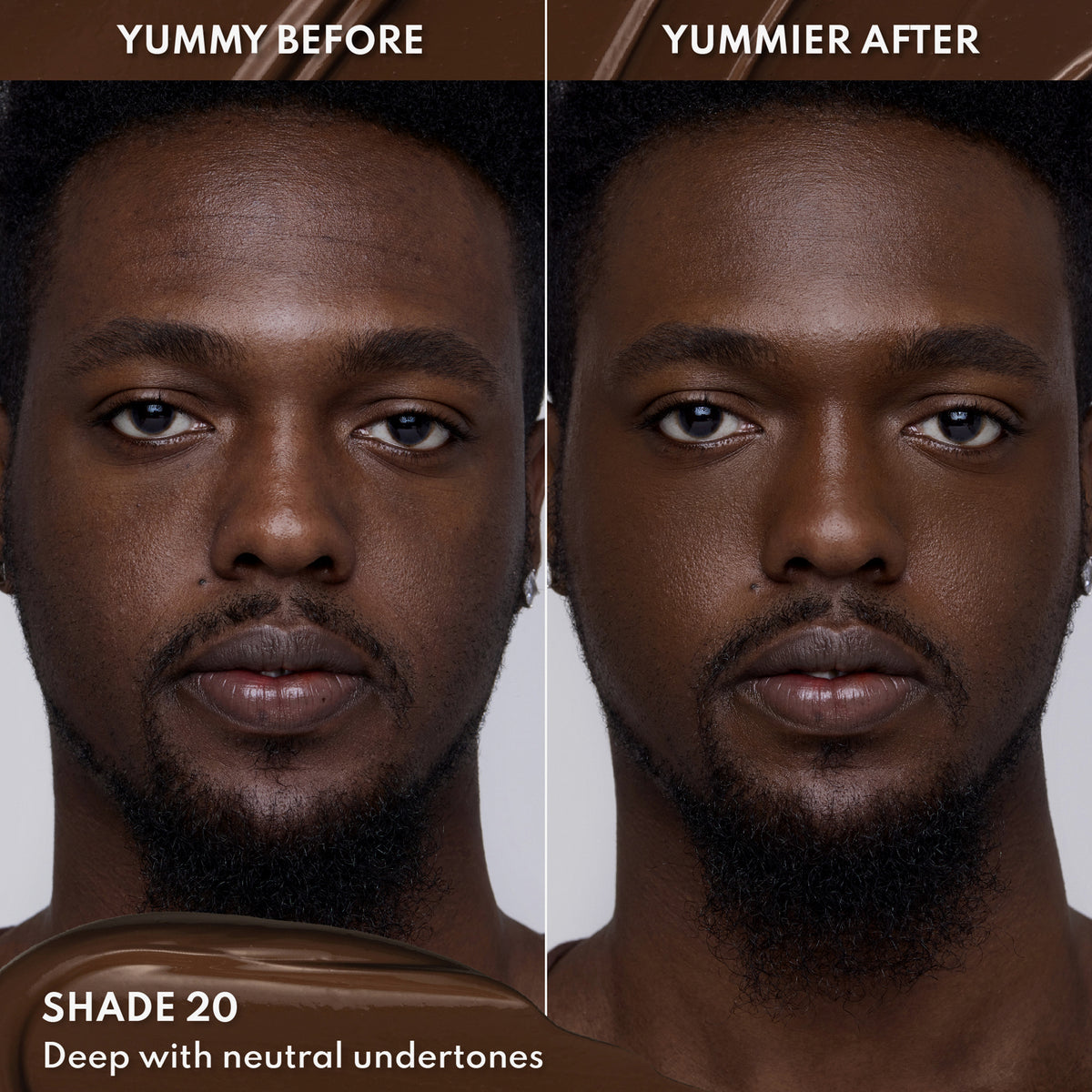 Vorher-Nachher-Bild eines Mannes mit dunklem Hautton nach Anwendung des Yummy Skin Lift & Flex Concealers 20 – sichtbar ebenmäßiger Teint.