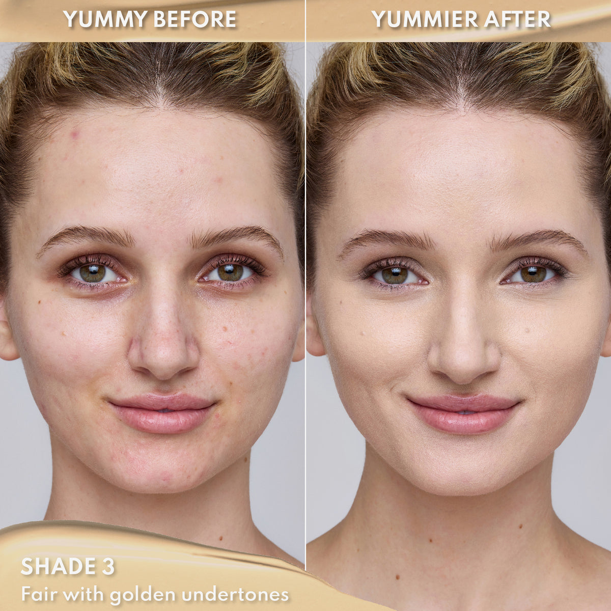 Vorher-Nachher-Bild einer Frau mit heller Haut nach Anwendung des Yummy Skin Lift & Flex Concealers 3 – sichtbar ebenmäßiger Teint.