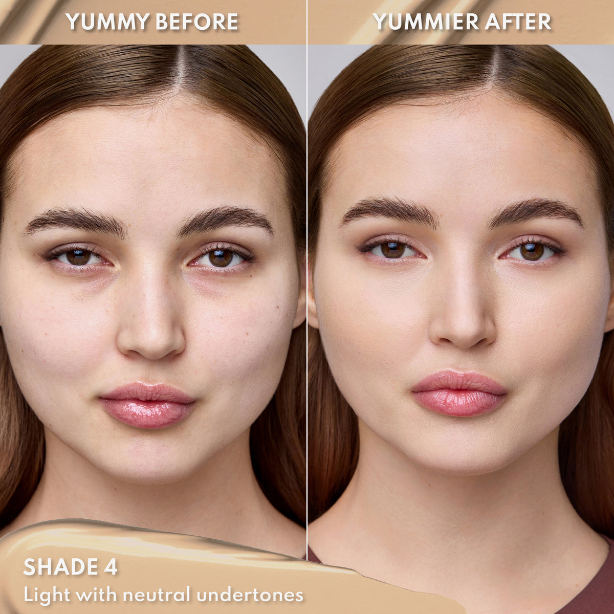 Vorher-Nachher-Bild einer Frau mit heller Haut nach Anwendung des Yummy Skin Lift & Flex Concealers 4 – sichtbar ebenmäßiger Teint.