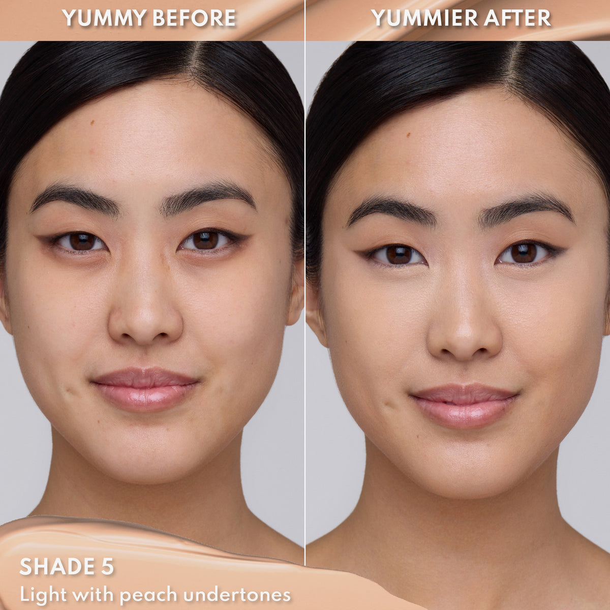 Vorher-Nachher-Bild einer Frau mit hell-mittlerem Hautton nach Anwendung des Yummy Skin Lift & Flex Concealers 5 – sichtbar ebenmäßiger Teint.