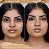Vorher-Nachher-Bild einer Frau mit mittlerem Hautton nach Anwendung des Yummy Skin Lift & Flex Concealers 7 – sichtbar ebenmäßiger Teint.
