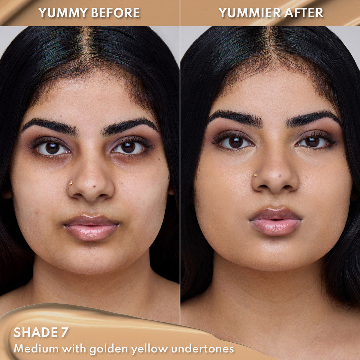 Vorher-Nachher-Bild einer Frau mit mittlerem Hautton nach Anwendung des Yummy Skin Lift & Flex Concealers 7 – sichtbar ebenmäßiger Teint.