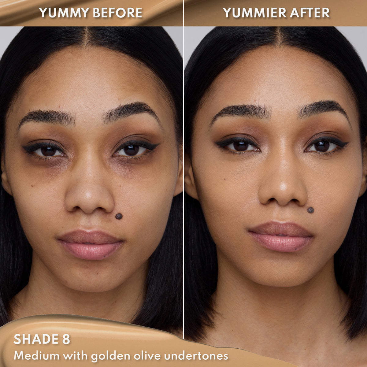 Vorher-Nachher-Bild einer Frau mit mittlerem Hautton nach Anwendung des Yummy Skin Lift & Flex Concealers 8 – sichtbar ebenmäßiger Teint.