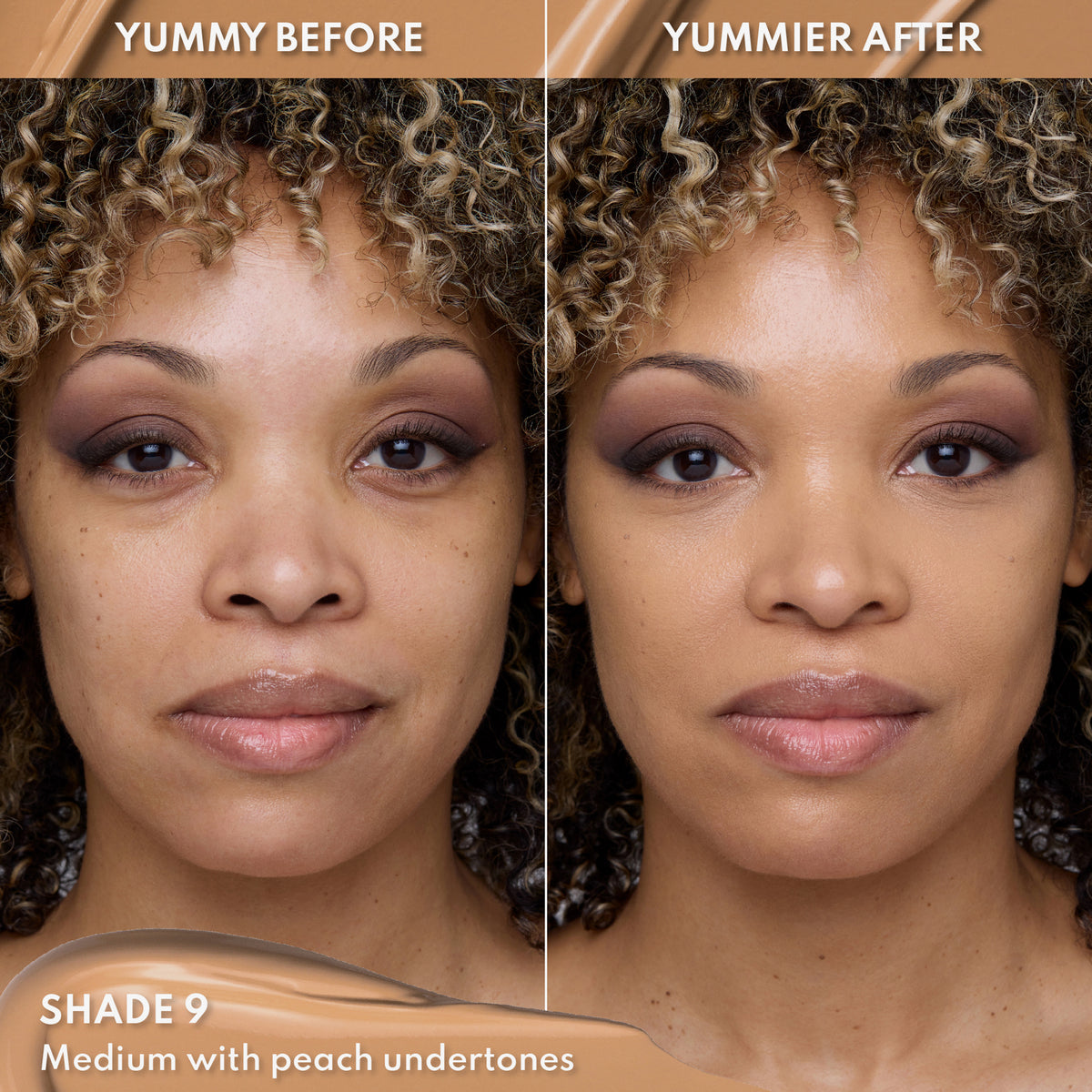 Vorher-Nachher-Bild einer Frau mit mittlerem Hautton nach Anwendung des Yummy Skin Lift & Flex Concealers 9 – sichtbar ebenmäßiger Teint.