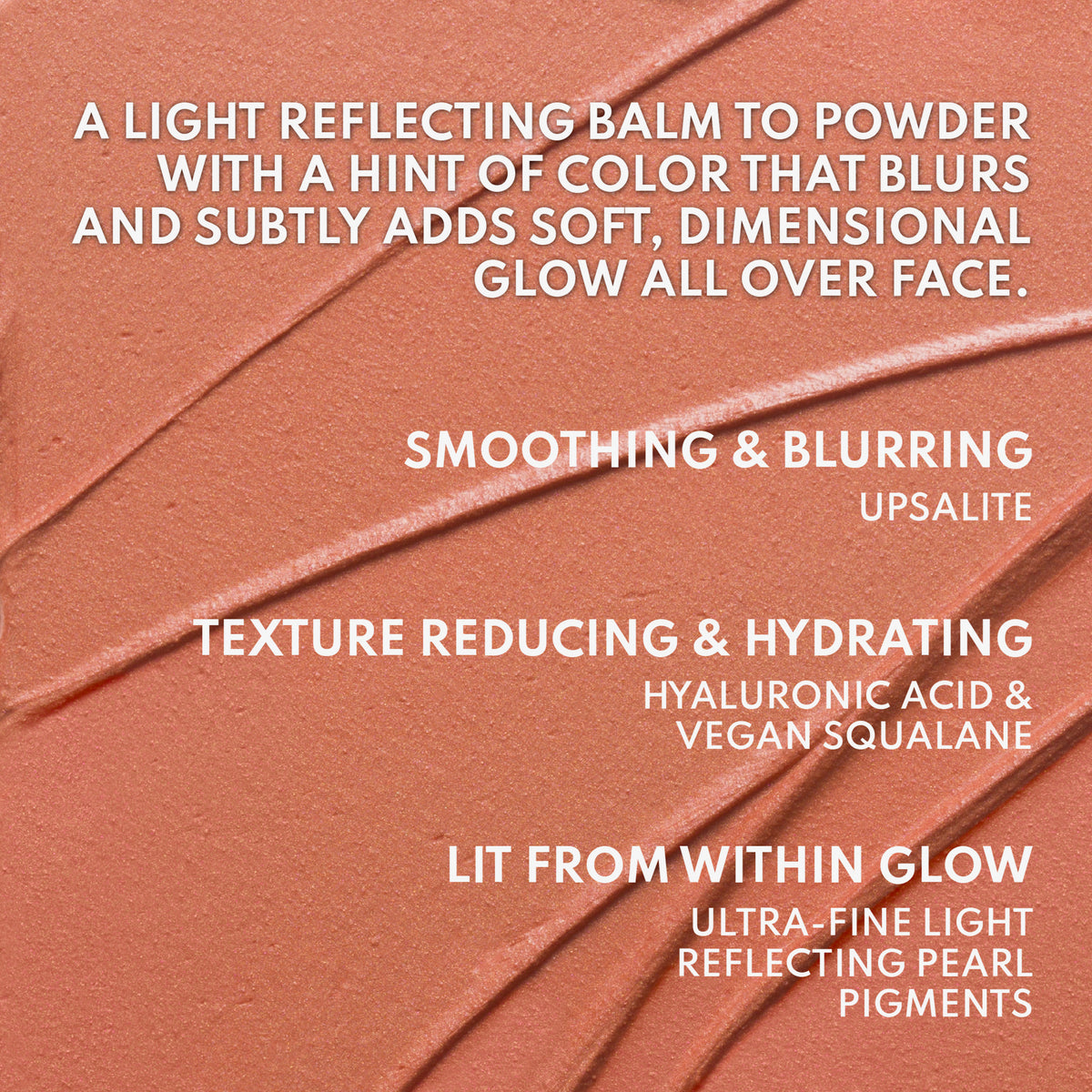 Beschreibung zum Yummy Skin Blurring Balm Powder Lowlighter auf verstrichener Textur.