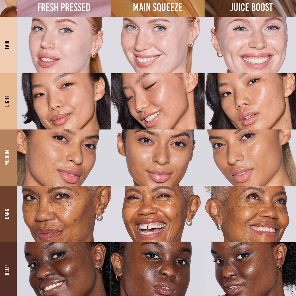 Farbmusterkarte von Frauen mit unterschiedlichen Hauttönen, die die Farben des Yummy Skin Glow Serum präsentieren.
