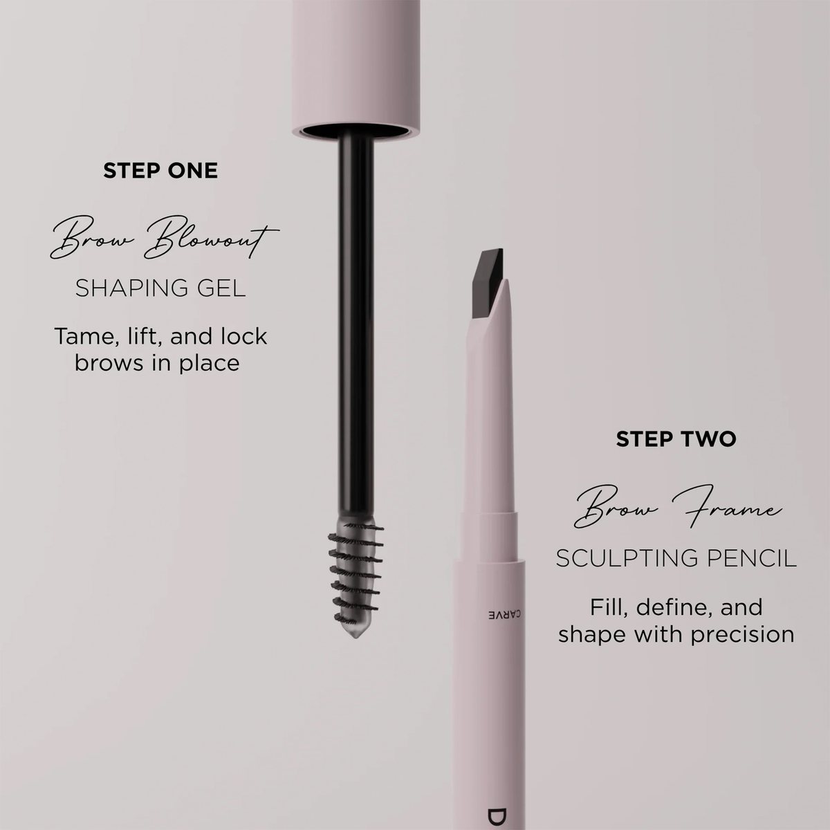 Zwei Schritte für Augenbrauen: links Brow Blowout Gel mit Bürste, rechts Brow Frame Pencil zum Formen und Definieren auf hellem Hintergrund.