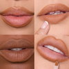 Vier Bilder des beigen Dominique Cosmetics Lip Frame Pencil "Dulce de Leche" auf Lippen von Personen unterschiedlicher Hautfarbe und ein Swatch auf weißem Papier.