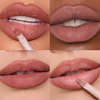 Vier Bilder des nude-rose-farbenen Dominique Cosmetics Lip Frame Pencil "Terracotta Kiss" auf Lippen von Personen unterschiedlicher Hautfarbe und ein Swatch auf weißem Papier.