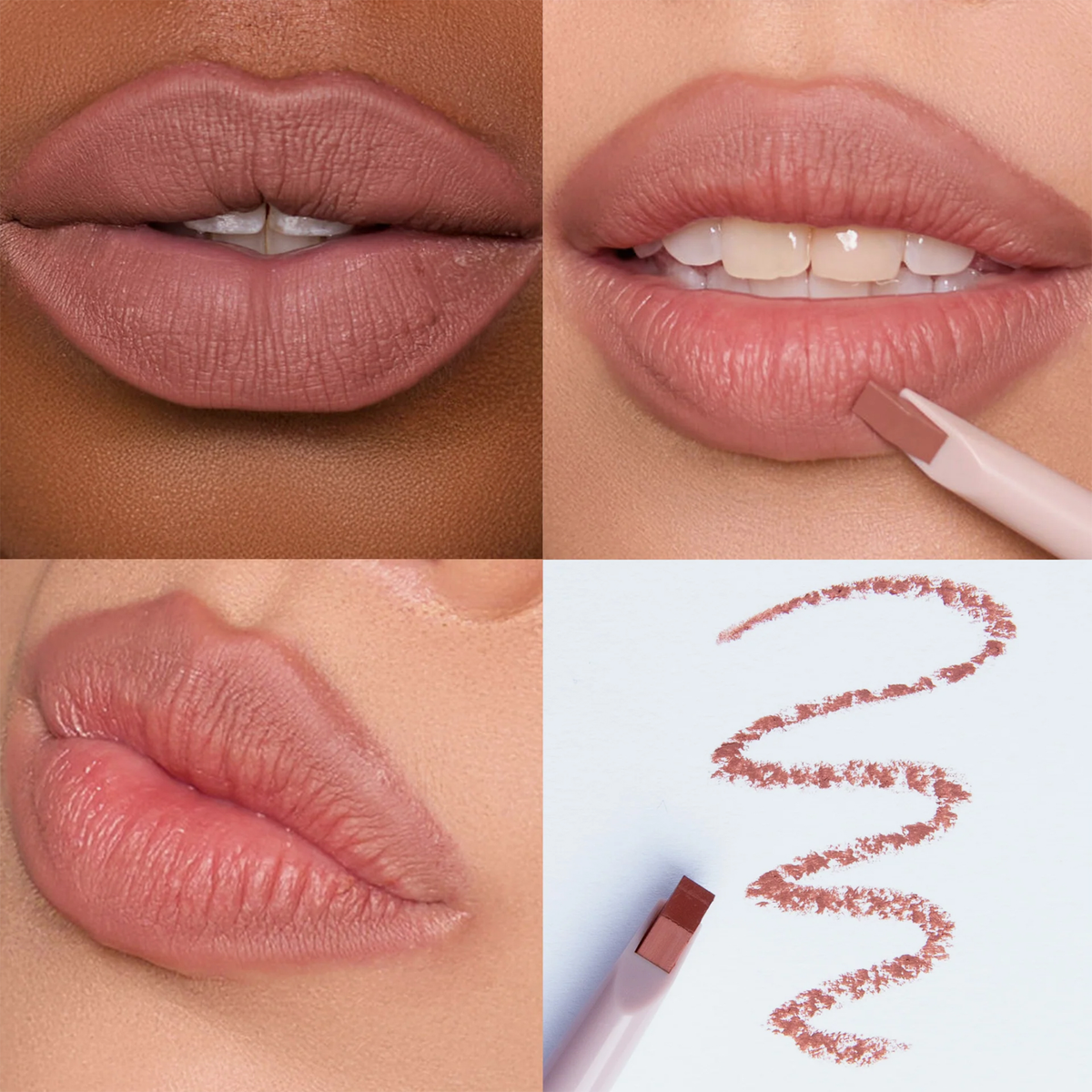 Vier Bilder des nude-farbenen Dominique Cosmetics Lip Frame Pencil "Toasty Peach" auf Lippen von Personen unterschiedlicher Hautfarbe und ein Swatch auf weißem Papier.