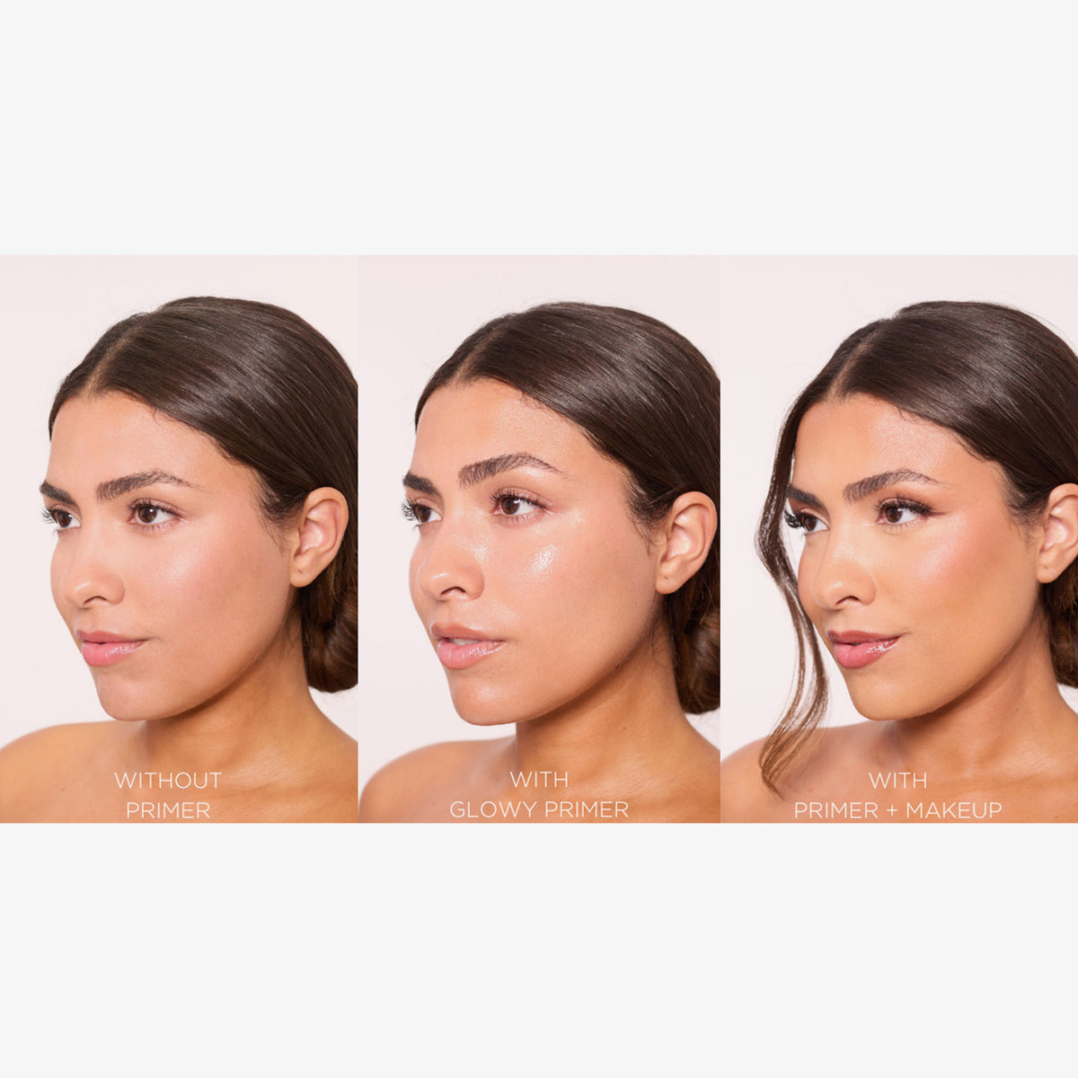 Das Gesicht einer Frau wird ohne Primer, mit Moisture Grip Serum Primer als auch mit Make-up gezeigt.
