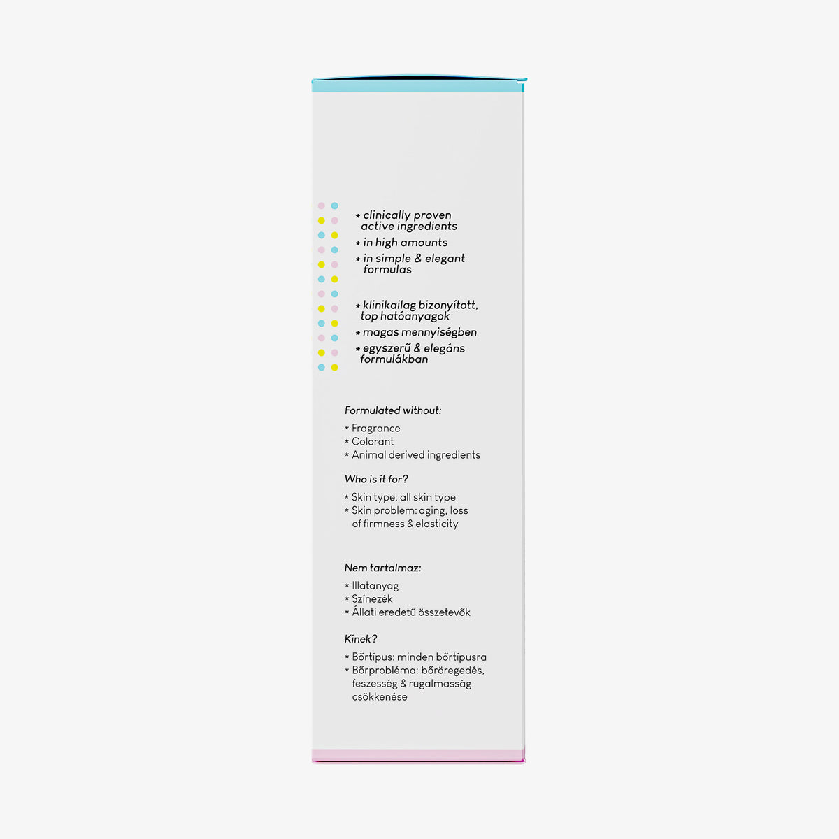 Seitenansicht der Power Peptides-Box mit  mehrsprachigem Text zu Produkteigenschaften.