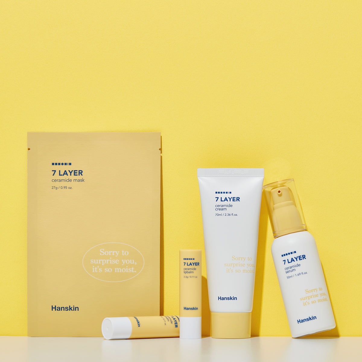 Produkte der Hanskin Seven Layer Serie in gelb-weißen Verpackung stehen vor einem leuchtend gelben Hintergrund.