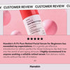 Eine Kundenrezension lobt die sanfte, wirksame Formel des Vitamin A Glow Retinol Serums, das in einer rot-weißen Flasche erhältlich ist.