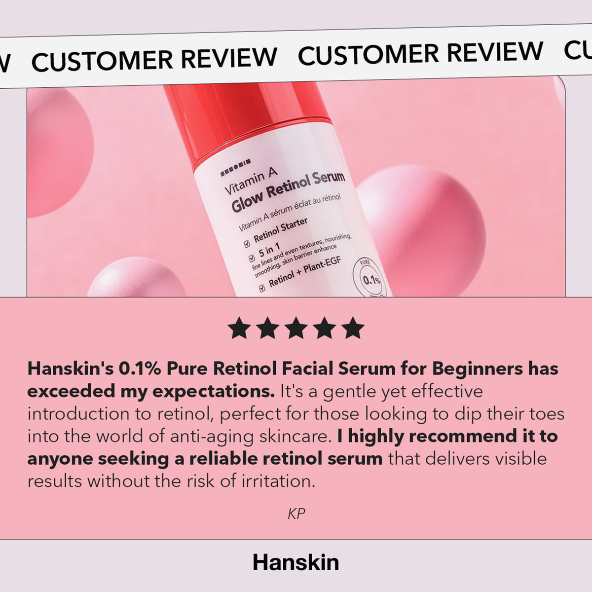 Eine Kundenrezension lobt die sanfte, wirksame Formel des Vitamin A Glow Retinol Serums, das in einer rot-weißen Flasche erhältlich ist.