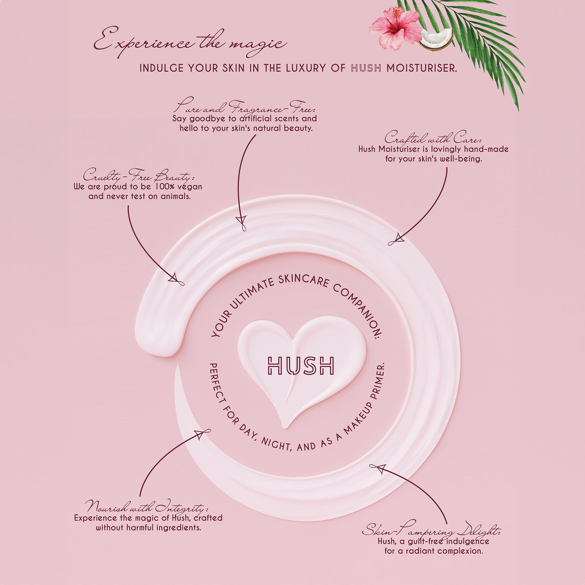 Grafik für den HUSH Multi-Purpose Moisturiser mit Text über die natürlichen Inhaltsstoffe, die tierversuchsfreie Formel und die Vorteile für eine gesunde Haut.