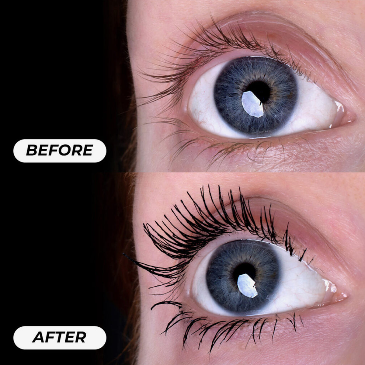 Nahaufnahme eines blauen Auges vor und nach dem Tuschen: Oben natürliche Wimpern, unten deutlich längere, dichtere und getuschte Wimpern.