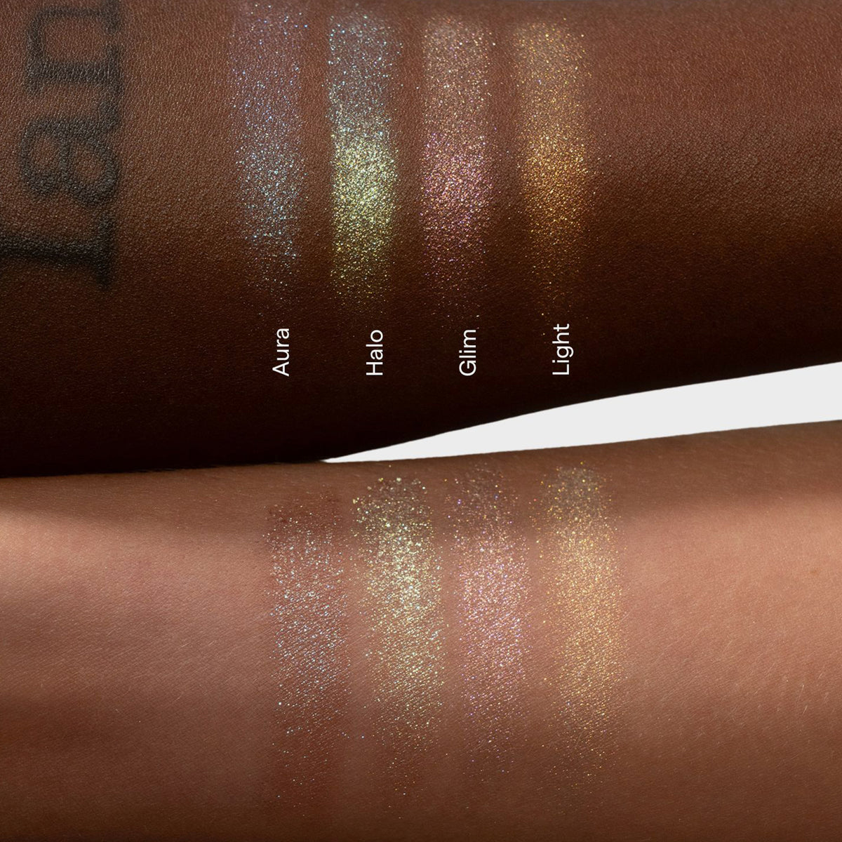 Vier schimmernde Aurora-Lidschatten von LH Cosmetics - Aura (bläulich), Halo (grünlich), Glim (Rosé) und Light (Bronze) - werden auf hellen und dunklen Hauttönen gezeigt.
