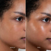 Nebeneinanderstellung des Gesichts einer Frau: links ohne Make-up, rechts mit strahlendem Make-up/ Highlighter, kreiert mit dem Glowerizer Self Love von LH Cosmetics.