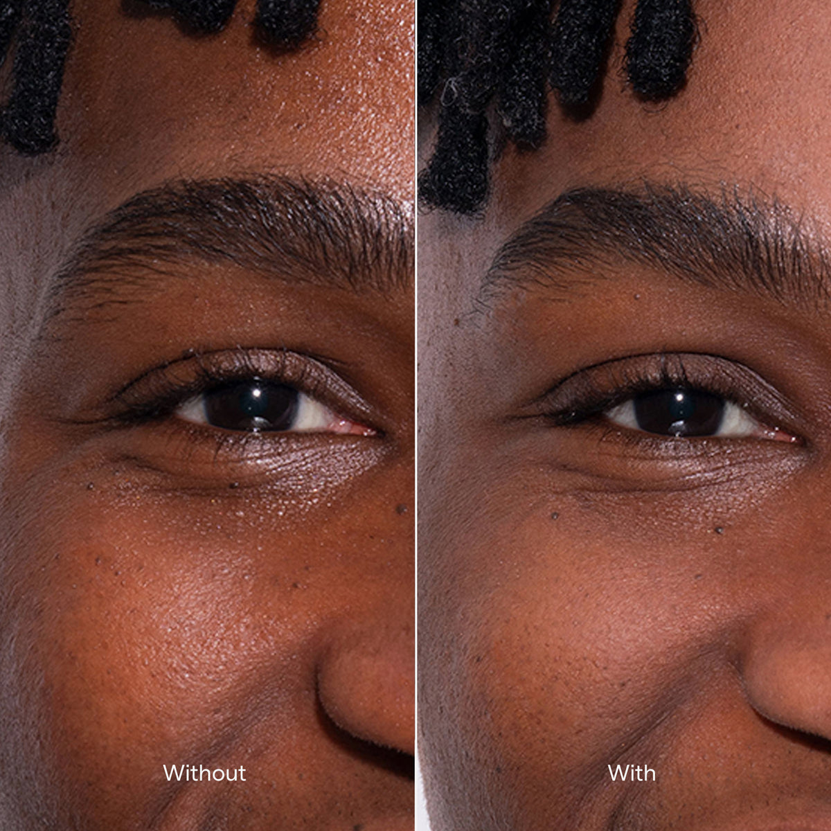 Nahaufnahme des Gesichts einer Person mit dunklem Teint ohne und mit dem Matte Attack Primer von LH Cosmetics; Nach Anwendung deutlich mattiere Haut.