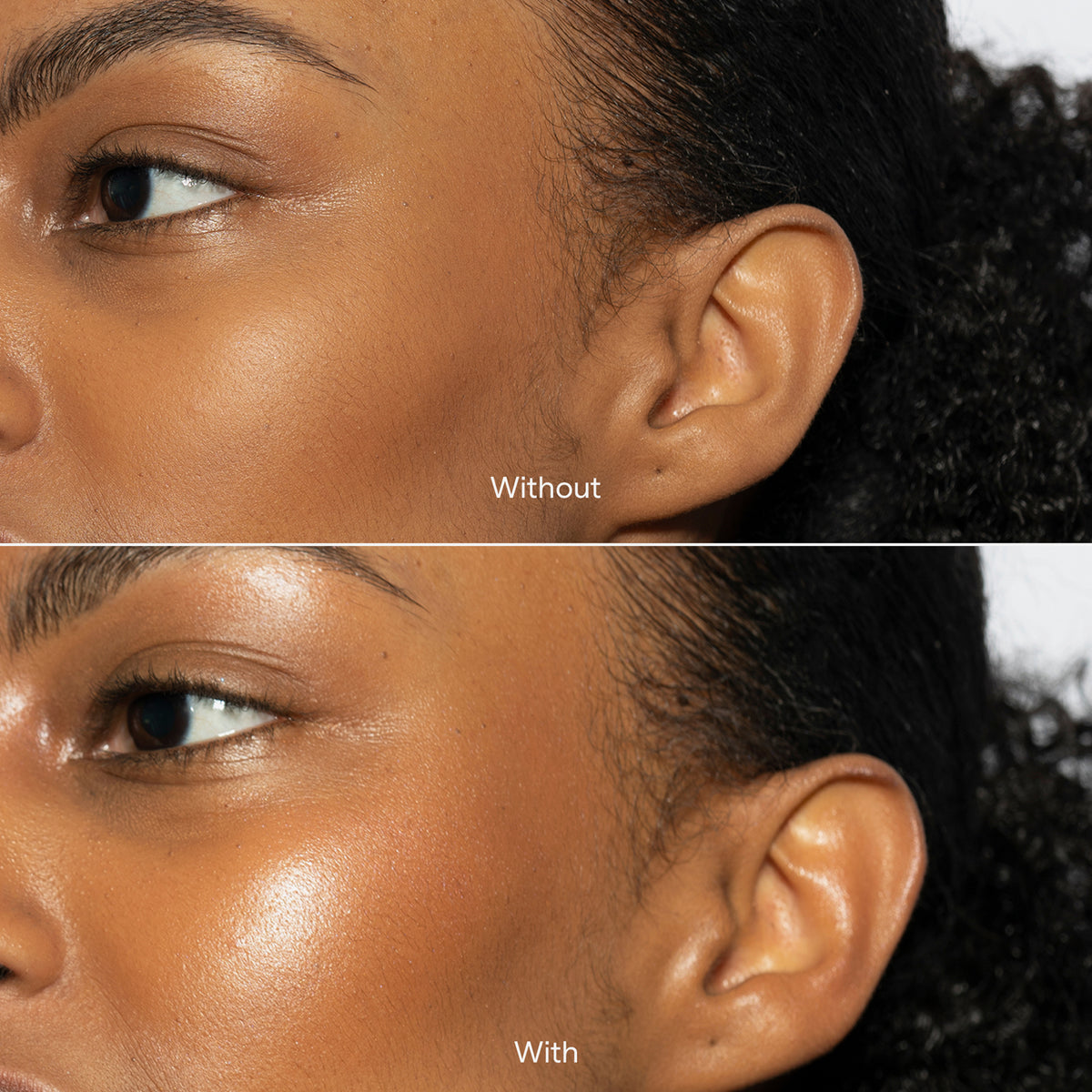 Nebeneinander einer Frau ohne (matt) und mit LH Cosmetics Shaping Light Rose Glow; nach Anwendung mit taufrischen, strahlenden Finish.