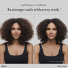 Nebeneinander einer Frau mit Locken: links ist es kraus, rechts ist es definiert nach der Verwendung von Living Proof Curl Conditioner.
