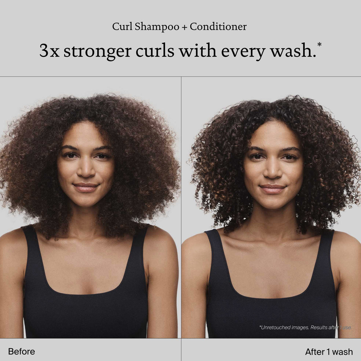 Nebeneinander einer Frau mit Locken: links ist es kraus, rechts ist es definiert nach der Verwendung von Living Proof Curl Conditioner.