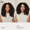 Nebeneinander einer Frau mit lockigem Haar, vor und nach der Verwendung von Living Proof Curl Definer für definiertere Locken.