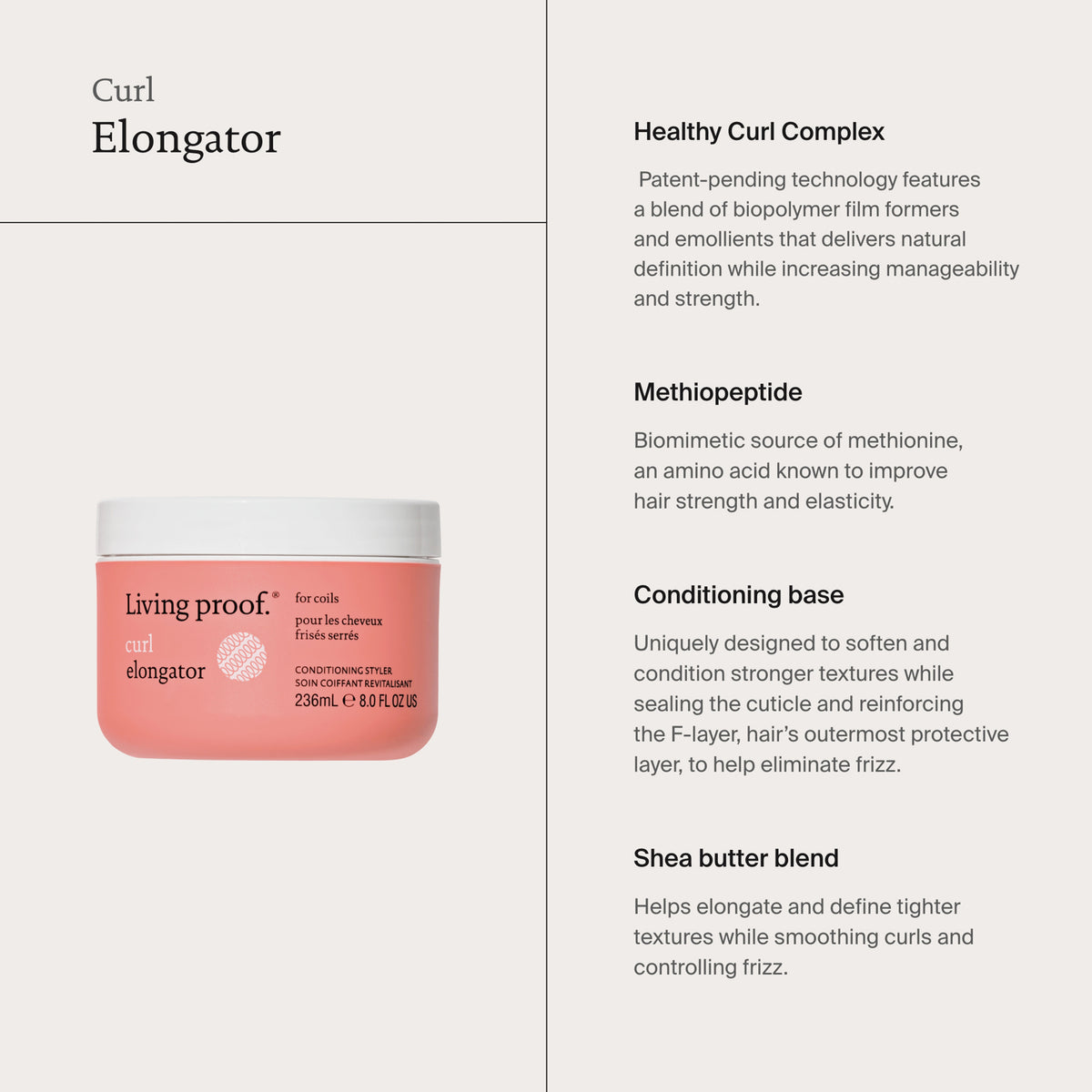 Rosafarbener Tiegel mit dem Living Proof Curl Elongator neben Eigenschaften der enthaltenen Inhaltsstoffe.