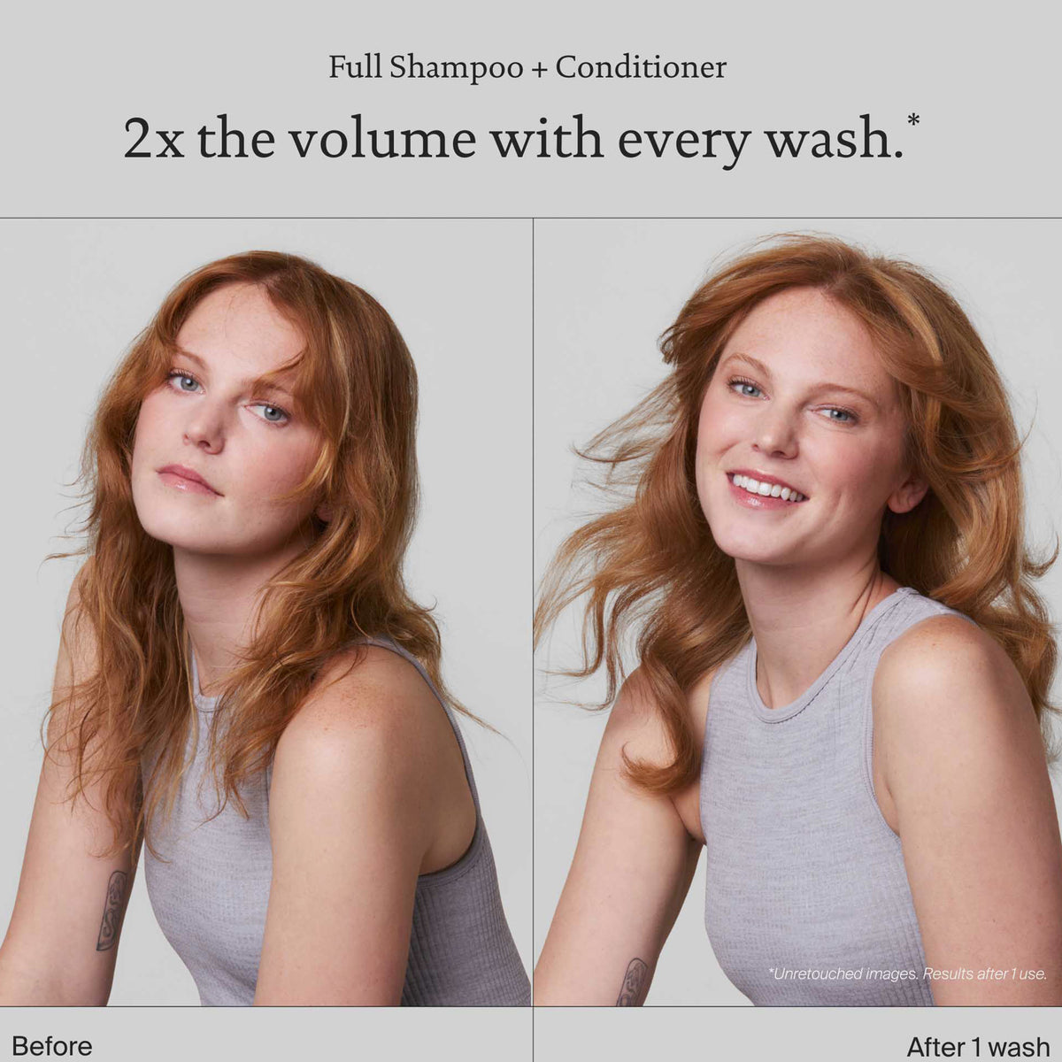 Eine rothaarige Frau ist vor und nach der Anwendung von Living Proof Full Conditioner abgebildet; auf dem Nachher-Foto sieht ihr Haar deutlich voller und voluminöser aus.