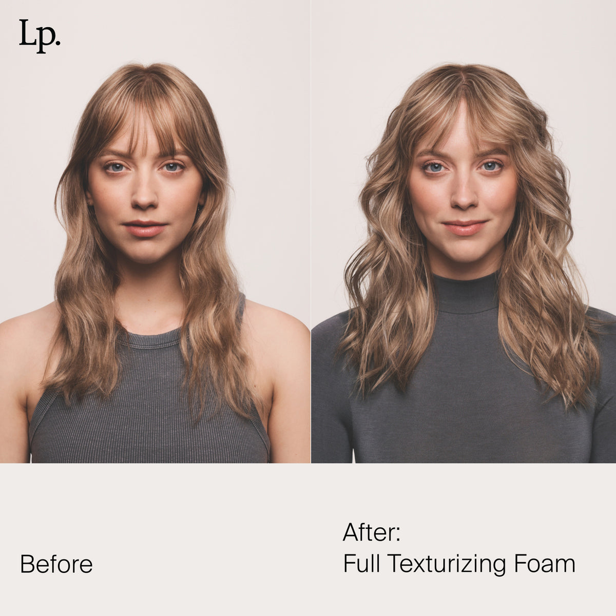 Frau mit welligem Haar vor und nach der Verwendung von Living Proof Full Texturizing Foam für mehr Volumen und Struktur.