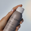 Eine Hand hält eine Dose Living Proof No Frizz Instant De-Frizzer vor einem hellen Hintergrund.