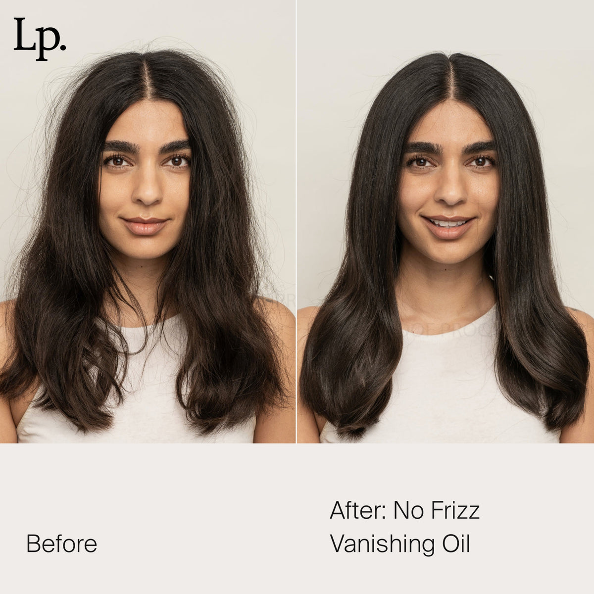 Geteiltes Bild einer Frau mit krausem Haar (links) und glattem, glänzendem Haar (rechts) nach der Verwendung von Living Proof No Frizz Vanishing Oil.