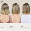 Drei Fotos zeigen den Hinterkopf einer Frau vor der Verwendung der Living Proof Restore Repair Mask, nach einer Verwendung und nach einem Monat.